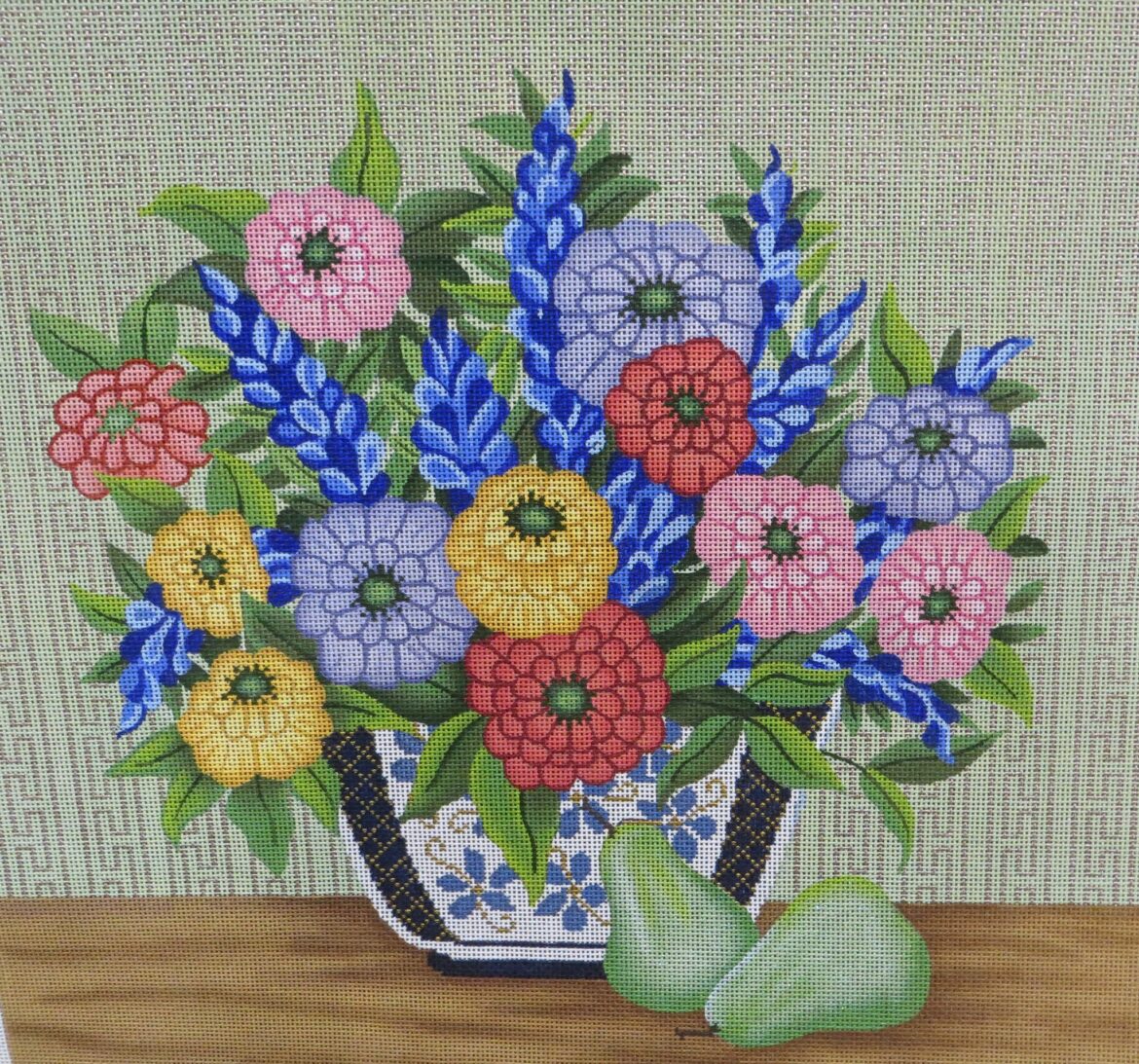 Flowers in blue and white vase