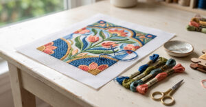 A colorful floral needlepoint project in progress on a wooden desk, surrounded by skeins of embroidery floss, a threaded needle, a small dish of needles, and gold scissors.