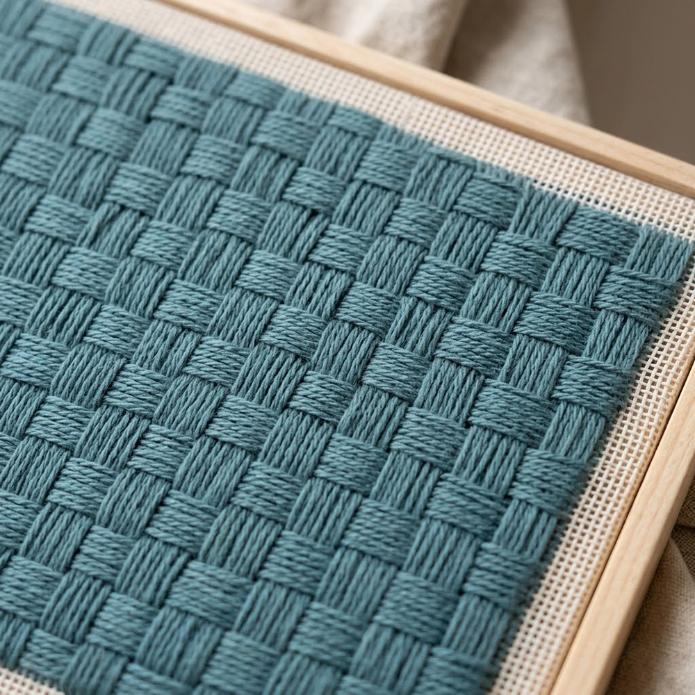 A detailed close-up of completed needlepoint work displaying a thick, woven block stitch pattern using teal thread on a wooden frame.