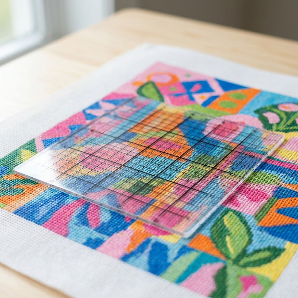 A clear plastic gridded measuring tool resting on top of a brightly colored, patterned needlepoint canvas on a table.